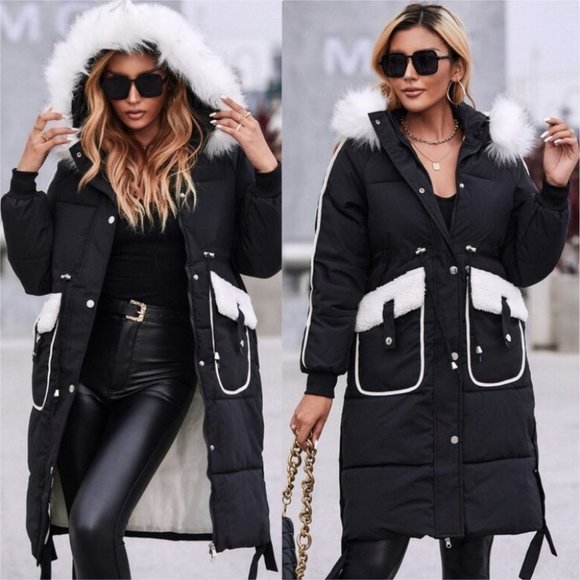 THE IT FACTOR Faux fur Trim Hooded Puffer Coat Bla - Picture 2 of 8